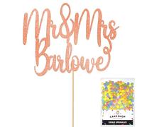 Cakeshop Personalised Mr & Mrs Wedding Glitter Cake Topper With Sprinkles - Rose Gold Custom Colour - Any Name - Double-Sided Glitter Card Cake Decoration - Custom Toppers for Cakes