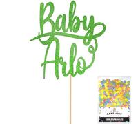 Cakeshop Personalised New Baby Name Glitter Cake Topper With Sprinkles - Green Custom Colour - Any Name - Double-Sided Glitter Card Cake Decoration - Custom Toppers for Cakes
