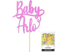 Cakeshop Personalised New Baby Name Glitter Cake Topper With Sprinkles - Light Pink Custom Colour - Any Name - Double-Sided Glitter Card Cake Decoration - Custom Toppers for Cakes