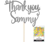 Cakeshop Personalised Thank You Glitter Cake Topper With Sprinkles - Dark Silver Custom Colour - Any Name - Double-Sided Glitter Card Cake Decoration - Custom Toppers for Cakes