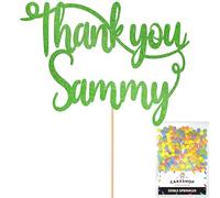 Cakeshop Personalised Thank You Glitter Cake Topper With Sprinkles - Green Custom Colour - Any Name - Double-Sided Glitter Card Cake Decoration - Custom Toppers for Cakes