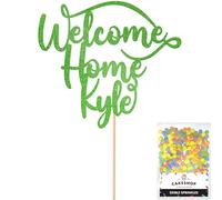 Cakeshop Personalised Welcome Home Glitter Cake Topper With Sprinkles - Green Custom Colour - Any Name - Double-Sided Glitter Card Cake Decoration - Custom Toppers for Cakes