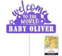 Cakeshop Personalised Welcome to the World Baby Glitter Cake Topper With Sprinkles - Bright Blue Custom Colour - Any Name - Double-Sided Glitter Cake Topper - Custom Toppers for Cakes