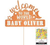Cakeshop Personalised Welcome to the World Baby Glitter Cake Topper With Sprinkles - Copper Orange Custom Colour - Any Name - Double-Sided Glitter Cake Topper - Custom Toppers for Cakes