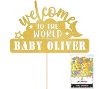Cakeshop Personalised Welcome to the World Baby Glitter Cake Topper With Sprinkles - Gold Custom Colour - Any Name - Double-Sided Glitter Cake Topper - Custom Toppers for Cakes