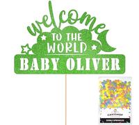 Cakeshop Personalised Welcome to the World Baby Glitter Cake Topper With Sprinkles - Green Custom Colour - Any Name - Double-Sided Glitter Cake Topper - Custom Toppers for Cakes
