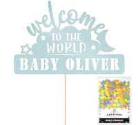 Cakeshop Personalised Welcome to the World Baby Glitter Cake Topper With Sprinkles - Light Blue Custom Colour - Any Name - Double-Sided Glitter Cake Topper - Custom Toppers for Cakes