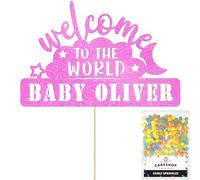 Cakeshop Personalised Welcome to the World Baby Glitter Cake Topper With Sprinkles - Light Pink Custom Colour - Any Name - Double-Sided Glitter Cake Topper - Custom Toppers for Cakes