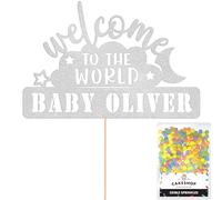 Cakeshop Personalised Welcome to the World Baby Glitter Cake Topper With Sprinkles - Light Silver Custom Colour - Any Name - Double-Sided Glitter Cake Topper - Custom Toppers for Cakes
