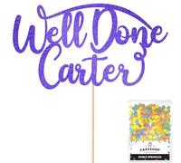 Cakeshop Personalised Well Done Congratulations Glitter Cake Topper With Sprinkles - Bright Blue Custom Colour - Black Any Name - Double-Sided Glitter Decoration - Custom Toppers for Cakes