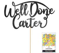 Cakeshop Personalised Well Done Congratulations Glitter Cake Topper With Sprinkles - Custom Colour - Black Any Name - Double-Sided Glitter Decoration - Custom Toppers for Cakes