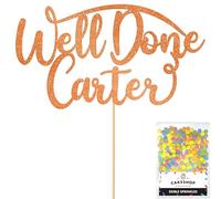 Cakeshop Personalised Well Done Congratulations Glitter Cake Topper With Sprinkles - Custom Colour - Copper Orange Any Name - Double-Sided Glitter Decoration - Custom Toppers for Cakes