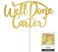 Cakeshop Personalised Well Done Congratulations Glitter Cake Topper With Sprinkles - Custom Colour - Gold Any Name - Double-Sided Glitter Decoration - Custom Toppers for Cakes