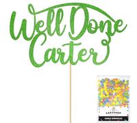 Cakeshop Personalised Well Done Congratulations Glitter Cake Topper With Sprinkles - Custom Colour - Green Any Name - Double-Sided Glitter Decoration - Custom Toppers for Cakes