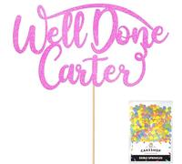 Cakeshop Personalised Well Done Congratulations Glitter Cake Topper With Sprinkles - Custom Colour - Light Pink Any Name - Double-Sided Glitter Decoration - Custom Toppers for Cakes