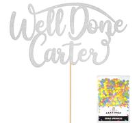 Cakeshop Personalised Well Done Congratulations Glitter Cake Topper With Sprinkles - Custom Colour - Light Silver Any Name - Double-Sided Glitter Decoration - Custom Toppers for Cakes