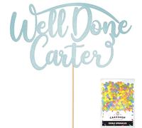 Cakeshop Personalised Well Done Congratulations Glitter Cake Topper With Sprinkles - Light Blue Custom Colour - Black Any Name - Double-Sided Glitter Decoration - Custom Toppers for Cakes