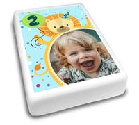 Cakeshop Portrait Personalised Edible Cake Topper With Orange & Blue Party Lion | Personalise Custom Image & Age | For Birthdays & Celebrations | Multiple Shapes & Sizes | Icing & Wafer Paper Options