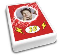 Cakeshop Portrait Personalised Edible Cake Topper With Red Background & Lightning Ball | Custom Image & Age | For Birthdays & Celebrations | Multiple Shapes & Sizes | Icing & Wafer Paper Options