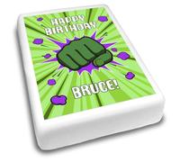 Cakeshop Portrait Personalised Edible Cake Topper With Superhero Explosion & Green Fist | Personalise Custom Name | For Birthdays & Celebrations | Multiple Shapes & Sizes | Icing & Wafer Paper Options