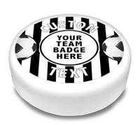 Cakeshop Round Personalised Edible Cake Topper With Black & White Stripe Football Border | Custom Image & Name | For Birthdays & Celebrations | Multiple Shapes & Sizes | Icing & Wafer Paper Options