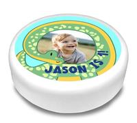 Cakeshop Round Personalised Edible Cake Topper With Cute Blue & Green Dinosaur | Personalise Custom Image & Text | For Birthdays & Celebrations | Multiple Shapes & Sizes | Icing & Wafer Paper Options