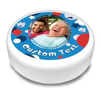 Cakeshop Round Personalised Edible Cake Topper With Red & Blue Geometric Shapes Border & Text | Custom Image & Text | Birthdays & Celebrations | Multiple Shapes & Sizes | Icing & Wafer Paper Options