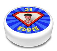 Cakeshop Round Personalised Edible Cake Topper With Red & Blue Superhero Badge & Text | Custom Image & Text | For Birthdays & Celebrations | Multiple Shapes & Sizes | Icing & Wafer Paper Options