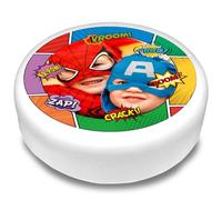 Cakeshop Round Personalised Edible Cake Topper With Superhero Comic Strip Border | Personalise Custom Image | For Birthdays & Celebrations | Multiple Shapes & Sizes | Icing & Wafer Paper Options