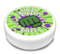 Cakeshop Round Personalised Edible Cake Topper With Superhero Explosion & Green Fist | Personalise Custom Name | For Birthdays & Celebrations | Multiple Shapes & Sizes | Icing & Wafer Paper Options