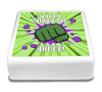Cakeshop Square Personalised Edible Cake Topper With Superhero Explosion & Green Fist | Personalise Custom Name | For Birthdays & Celebrations | Multiple Shapes & Sizes | Icing & Wafer Paper Options