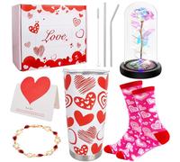 CAKKA Valentines Day Gifts for Her, 8 PCS Romantic Gift Set Includes 20 oz Tumbler with Lid Straw Brush Rose Flower Socks Bracelet Thanks Card Gift Box