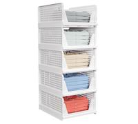 caktraie 5 Pack Folding Closet Organizers Storage Box, Stackable Plastic Storage Basket, Closet Organizers and Storage Drawer Shelf Storage, Storage Container for Cupboard Kitchen Bathroom, White