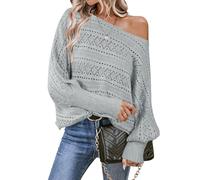Cakulo Womens Off Shoulder Sweater Top Fall Outfits Fashion 2025 Oversized Knit Batwing Long Sleeve Crochet Pullover Sweaters, Grey, L