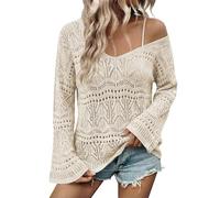 Cakulo Womens Spring Summer Off Shoulder Crochet Boho Tops Lightweight V Neck Sweaters 2026 Vacation Cruise Resort Wear, Apricot, L