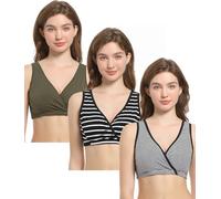 CAKYE 3 Pack Maternity Nursing Sleep Bra Breastfeeding Cotton Bralette, Dark Green/Black White Stripe/Small White Black Stripe, M
