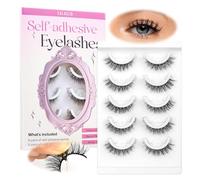 CALAILIS Self-Adhesive Eyelashes, 5 Pairs, Natural Look, Press-On False Eyelashes, No Glue, Reusable, Cat Eye, Wispy, Pre Glued Fake Lashes with Replacement Adhesive Strips (C001)