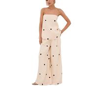 calbatic Women Polka Dot 2 Piece Outfits Spot Strapless Tube Top High Waist Wide Leg Pants Lounge Set Summer Tracksuit, Apricot, M
