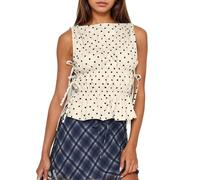 calbatic Women Polka Dot Sleeveless Peplum Tops Side Bow Tie Ruched Smocked Tank Tops Boat Neck Summer Going Out Shirts, Apricot, S