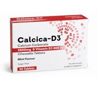 Calcica-D3 Calcium Carbonate 2500mg with Vitamin D3 800 IU - Mint Flavour | Chewable Tablets | High-Strength Bone & Teeth Support | Easy-to-Chew Calcium with D3 (30)
