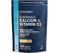 Calcium and Vitamin D Tablets | 800mg Calcium & 200iu Vitamin D3 | Chewable Vegan Supplement | 120 Tablets - Tropical Berry Flavour | by Horbaach