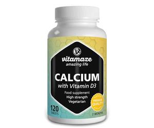 Calcium and Vitamin D3 Tablets 600 mg - Calcium Carbonate High Strength + 400 IU Cholecalciferol per Daily Dose -120 Vegetarian Tablets for 2 Months - Supplement for Bone Density