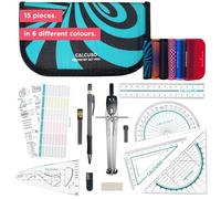 CALCUSO 15-Piece Maths Set & Professional Geometry Set - Precision Center-Wheel Compass for Maths & Drawing - Turquoise Premium Zipper Case for Secondary School & University