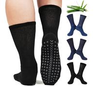 Caldodo Bamboo Diabetic Grip Socks for Men 9-12, Seamless Loose Soft Top Socks for Swollen Feet Ankles Legs, Extra Wide Non-Slip Hospital Sock, 3 Pairs, Navy Blue