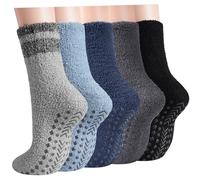 Caldodo Men's Fluffy Slipper Socks with Grippers, Cosy Fuzzy Thick Thermal Non Slip Socks for Men，Winter Warm Fleece Bed Socks for Home Floor Sleeping 5 Pairs