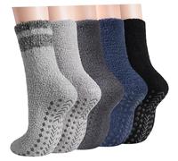 Caldodo Men's Fluffy Slipper Socks with Grippers, Cosy Fuzzy Thick Thermal Non Slip Socks for Men，Winter Warm Fleece Bed Socks for Home Floor Sleeping 5 Pairs