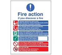 Caledonia Signs 11435E Multi-lingual Fire Action Auto with lift Sign, Rigid Plastic, E: 200 mm x 150 mm
