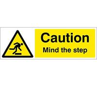 Caledonia Signs 14209G Caution Mind the Step Sign, 300 mm x 100 mm, Rigid Plastic