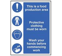 Caledonia Signs 15604K "Food Production Area/Protective Clothing/Wash Hands" Sign, Rigid Plastic, 400 mm x 300 mm