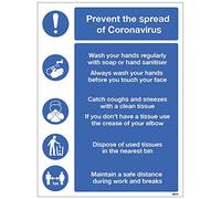 Caledonia Signs 18453/1M/K Prevent the spread of coronavirus sign - wash hands, use tissues, use bin, maintain 1M social distancing Semi Rigid PVC sign (300x400mm)